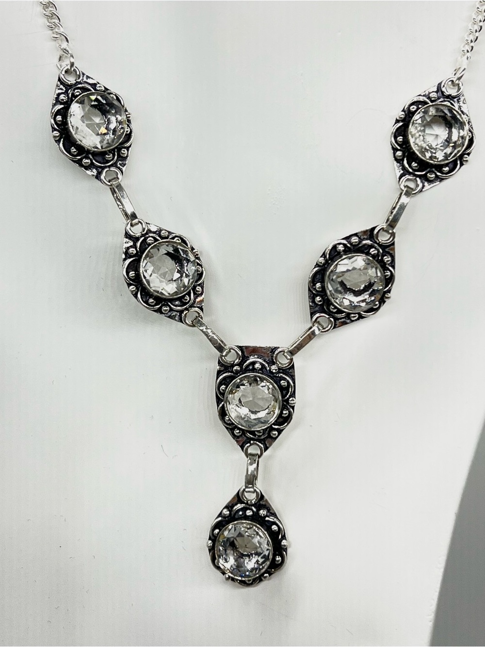 351. White Topaz Gemstone Sterling Silver Link Drop Necklace - 18” Long